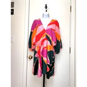 KLD Kimono Sleeve Elastic Waist Color Block Pink Orange Green Mini Dress Sz Lg